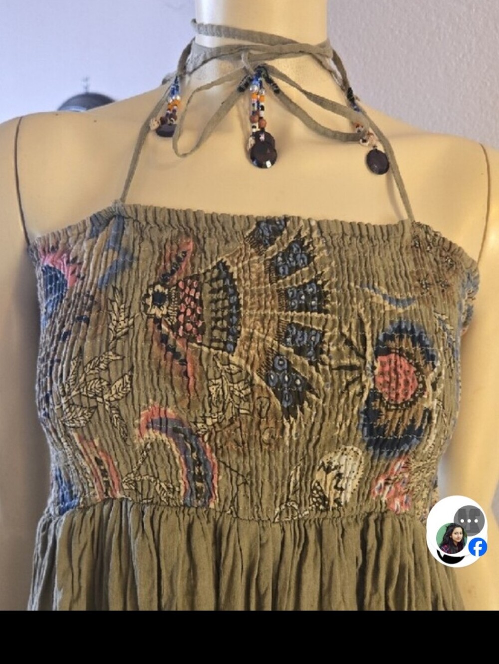 Bohemin Summer Dress..100 Percent Cotton Sage Green Lined Jewels Attached .. - Picture 11 of 12